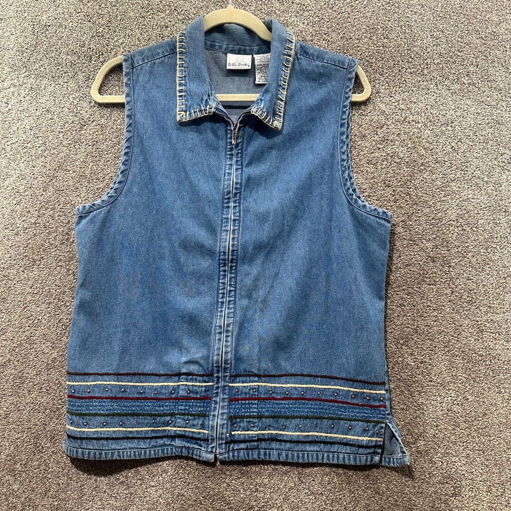 Bobbie Brooks Denim Vest Women Medium Blue Embroidered Full Zip‎ Western Boho